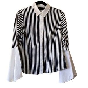 Women's Size Medium Petite Blouse Black & White Stripe Angle Bell Sleeve Career